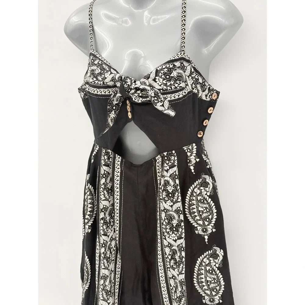 Free People Jumpsuit Linen Cotton Boho Wide Leg Black White Women Size 4 Bandana